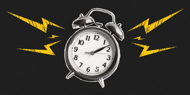 Halftone collage alarm clock. Punk doodle lightning. Grunge black background with noise texture. Deadline concept. Contemporary vector design.