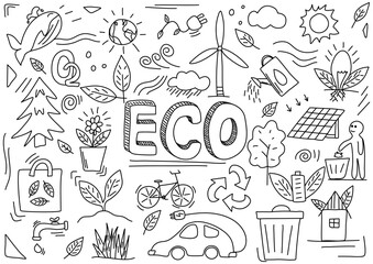 Doodle vector illustration on the theme of ecology and environmental protection.