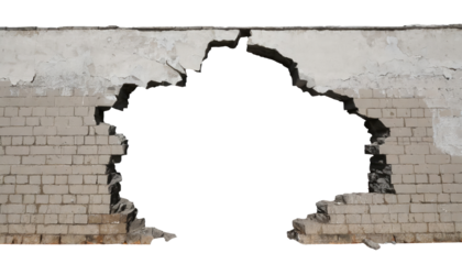  collapsed, cracked, or broken concrete brick cement wall, isolated on a transparent background. PNG, cutout, or clipping path.	
