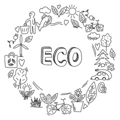 Doodle vector illustration on the theme of ecology and environmental protection.