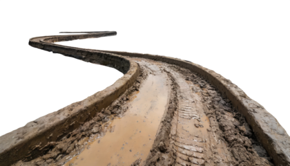 Country muddy road isolated on a transparent background. Road, path, way, mud, dirt, paddy field, 