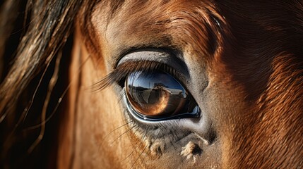  a close up of a horse's eye with the reflection of a horse's head in it's eye.  generative ai