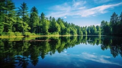Obraz premium a body of water surrounded by trees and a blue sky with a few clouds in the middle of the picture. generative ai