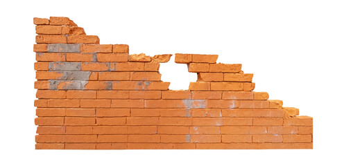 Ruined, collapsed, cracked, or broken weathered red brick wall, isolated on a transparent background. PNG, cutout, or clipping path.	