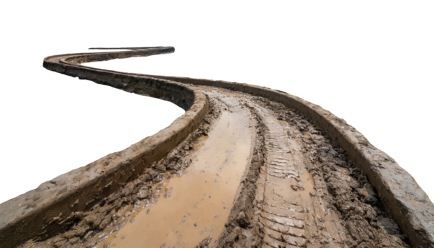 Country muddy road isolated on a transparent background. Road, path, way, mud, dirt, paddy field, 