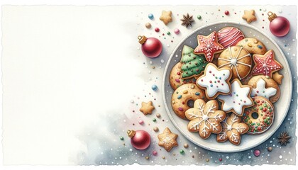 Close-up of assorted Christmas cookies on a plate, decorated with icing and festive sprinkles.