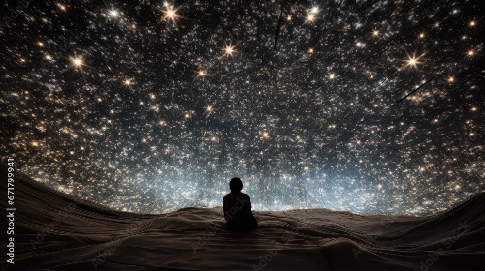 Canvas Prints  a man sitting in the middle of a desert under a night sky filled with stars of different sizes and colors.  generative ai