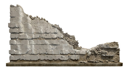 a ruined, collapsed, cracked, or broken concrete brick cement wall, isolated on a transparent background. PNG, cutout, or clipping path.	
