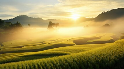  a field of green grass with the sun shining through the clouds over the trees and mountains in the back ground.  generative ai