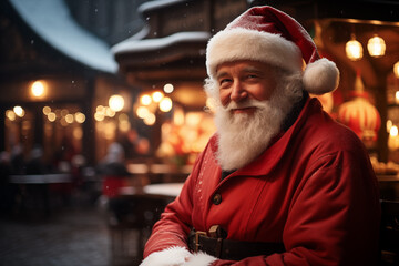 portrait of cheerful Santa Claus on Christmas market decorated with festive lights. Wishing you a merry Christmas