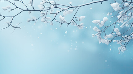 snowy winter branch with a bokeh sunrise and  snow background