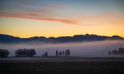 Fototapeta premium Dramatic sunrise over rural farmland with ground fog adding atmosphere. Morning in the Skagit Valley is an almost magical event as the color and texture make for a beautiful landscape. Washington, US