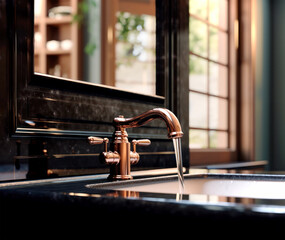 Vintage Elegance in Modern Setting. A copper faucet accentuates a bathroom, blending vintage charm and modern luxury, complemented by a warm, inviting atmosphere and detailed craftsmanship