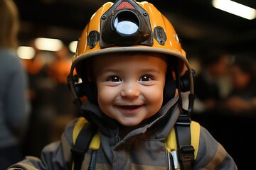 happy baby dressed as a firefighter. He wears a helmet and original firefighter clothing.