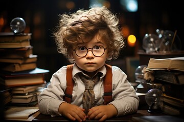 baby writer with glasses. He is in his room full of books.