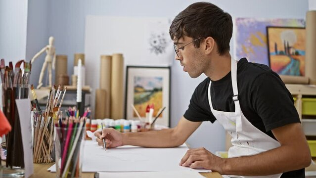 Stressed out young hispanic artist taking off glasses, feeling exhausted while drawing in art studio