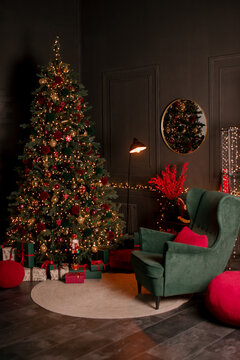 new year cozy home interior with Christmas tree and garlands 