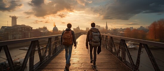 Adolescent males who are young friends strolling across a city s bridge