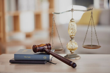 Background, gavel and law books with scales on table of judge, attorney and court trial. Closeup of legal hammer, notebook or desk of lawyer in constitution, equality and human rights of fair justice - obrazy, fototapety, plakaty
