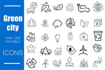 Green City Line Editable Icons set. Vector illustration in modern thin line style of eco related icons: CO2 neutral, zero waste, use bike, green energy, air and water quality