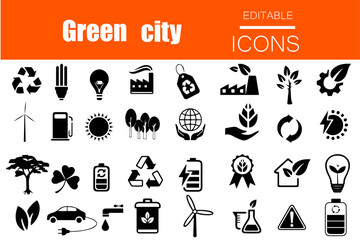 Green City Editable Icons set. Vector illustration in modern style of eco related icons: CO2 neutral, zero waste, use bike, green energy, air and water quality