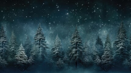 Night dark Forest winter landscape with fir trees on starry sky background. Moody botanical atmosphere illustration. Dreamy wallpaper for Christmas or New Year greetings.