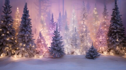 Decorated Christmas tree with garland lights in winter night forest fantasy landscape background. Happy New Year, Marry Xmas, Winter Holidays concept. Festive wallpaper for greeting card, flyer.