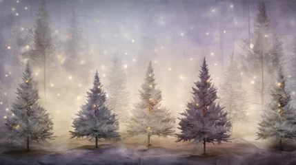 Foto op Plexiglas Decorated Christmas tree with garland lights in winter night forest fantasy landscape background. Happy New Year, Marry Xmas, Winter Holidays concept. Festive wallpaper for greeting card, flyer. © Oksana Smyshliaeva