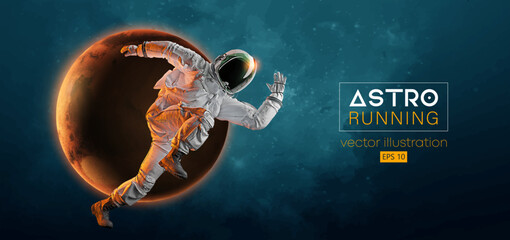 Abstract silhouette of a running athlete astronaut in space action and Earth, Mars, planets on the background of the space. Runner man are running sprint or marathon. Vector illustration © Yevheniia