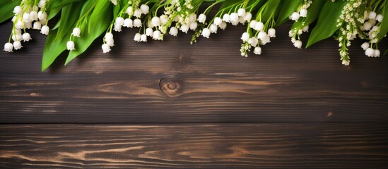Lilies of the valley flowers on wooden table horizontal frame