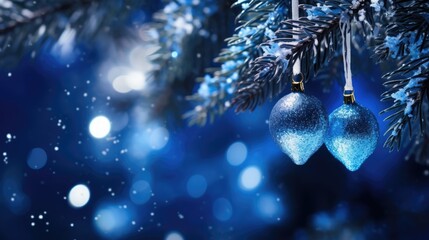 Deep blue color Christmas tree ornaments with bokeh background. Fir tree branches in trendy beautifully decorated with blue balls with lights garland. Merry Xmas and New Year concept. - obrazy, fototapety, plakaty