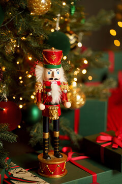 new year cozy home interior with Christmas tree and garlands 