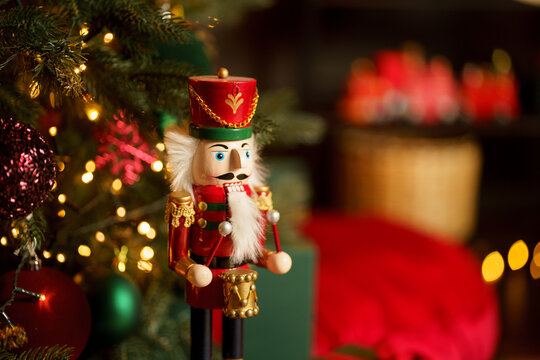new year cozy home interior with Christmas tree and garlands 