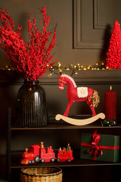 new year cozy home interior with Christmas tree and garlands 