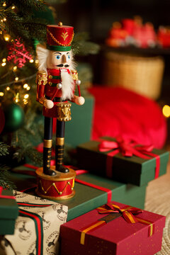 new year cozy home interior with Christmas tree and garlands 