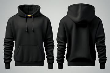 Assortment of black front and back view hoodie sweatshirts, isolated on a transparent background in...