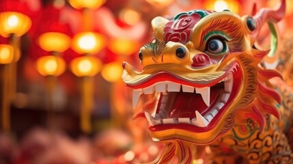 Obraz premium Close up of Chinese Dragon Head performing its traditional dragon dance festival. Chinese New Year celebration 2024..