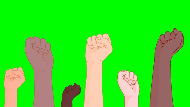Fist colored hands animation.International workers day, up air punch. Ethnic people together. Human rights, equality, freedom, protest, group of people. Labor day,1 may footage. Green screen video