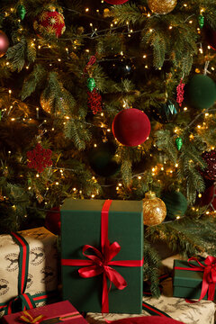 new year cozy home interior with Christmas tree and garlands 
