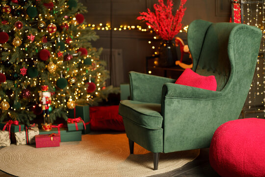 new year cozy home interior with Christmas tree and garlands 