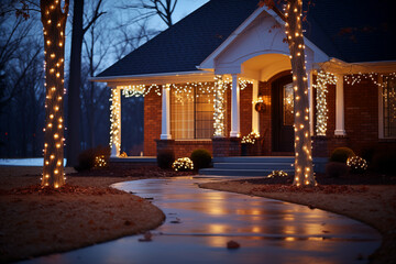 christmas decorated beautiful american house, illuminated with outdoor led light strings - 671802358