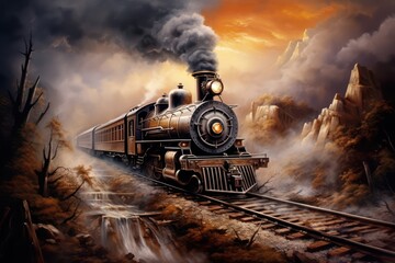 Clipart of a classic steam locomotive in watercolor, suitable for background use. A wallpaper background with a printable oil painting texture.