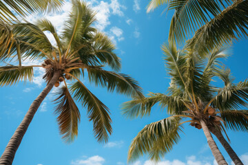 A view from below of a vibrant blue sky, framed by palm trees in a vintage style, encapsulating the allure of tropical beaches and summer vacations. Generative Ai.