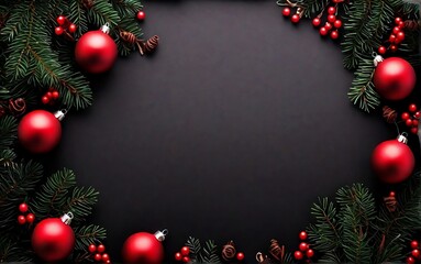 christmas background with branches and decorations red baubles on black background with space for copy created with generative ai