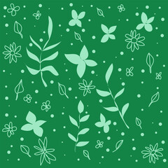 Vector set of hand-drawn doodle style leaves and flowers on a green background
