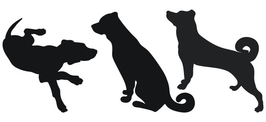 Sketch image of black silhouette dogs, outline of pets. Go, standing, sitting, lying, lie, running, jumping, training, walking, guarding, posing, play, showing - obrazy, fototapety, plakaty