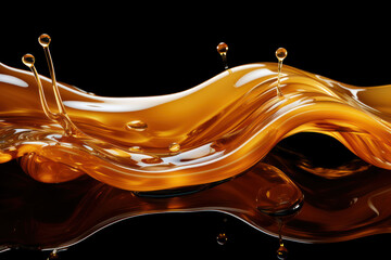A luxurious liquid cascade of sweet melted caramel or maple syrup swirl, generating an appetizing 3D splash. Generative Ai.
