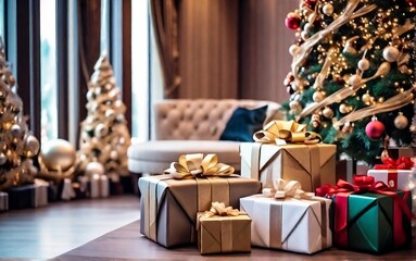 Beautiful luxury Christmas closeup gift on table in luxury room with Christmas tree created with generative ai