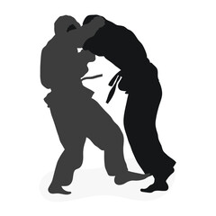 Image silhouette judoka. Judo, martial art, sportsmanship, wrestling, duel, grappling, combating, fighting, struggle