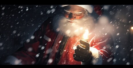 santa is holding a flashlight in his hand on a grey background Generative AI